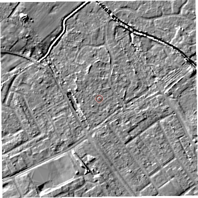 Shaded relief map of the ground around L120HY, computed from Environment Agency LiDAR. The ground here sits at about 21 m above sea level and falls 7 m across the surrounding 800 m. Surface water reaching this point runs off ground lying to the north-west, 0.6 m higher.