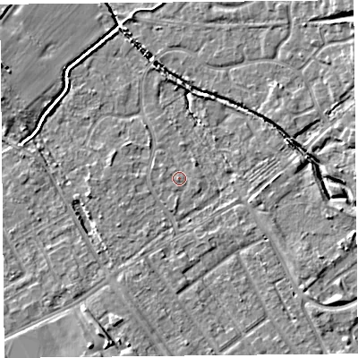Shaded relief map of the ground around L120HZ, computed from Environment Agency LiDAR. The ground here sits at about 21 m above sea level and falls 8 m across the surrounding 800 m. Surface water reaching this point runs off ground lying to the south-south-west, 1.0 m higher.