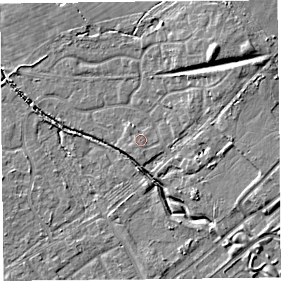 Shaded relief map of the ground around L120LS, computed from Environment Agency LiDAR. The ground here sits at about 21 m above sea level and falls 11 m across the surrounding 800 m. Surface water reaching this point runs off ground lying to the east-north-east, 6.2 m higher.