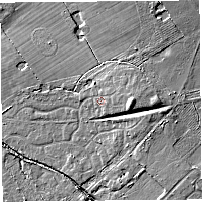 Shaded relief map of the ground around L120LT, computed from Environment Agency LiDAR. The ground here sits at about 25 m above sea level and falls 11 m across the surrounding 800 m. Surface water reaching this point runs off ground lying to the east-north-east, 2.6 m higher.