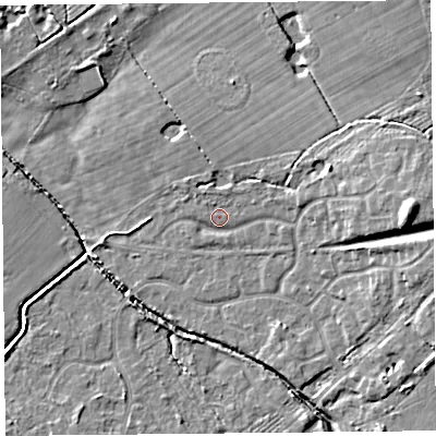 Shaded relief map of the ground around L120PW, computed from Environment Agency LiDAR. The ground here sits at about 21 m above sea level and falls 11 m across the surrounding 800 m. Surface water reaching this point runs off ground lying to the east-north-east, 6.2 m higher.