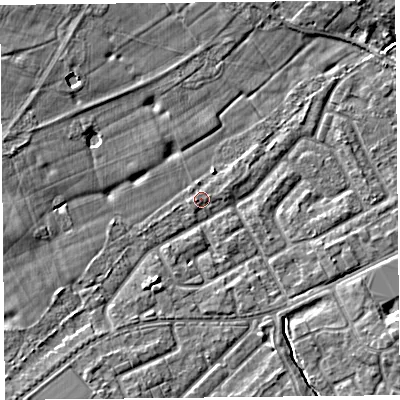 Shaded relief map of the ground around L124BD, computed from Environment Agency LiDAR. The ground here sits at about 22 m above sea level and falls 5 m across the surrounding 800 m. Surface water reaching this point runs off ground lying to the west-south-west, 0.7 m higher.