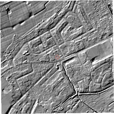 Shaded relief map of the ground around L124BE, computed from Environment Agency LiDAR. The ground here sits at about 22 m above sea level and falls 6 m across the surrounding 800 m. Surface water reaching this point runs off ground lying to the west-south-west, 0.9 m higher.