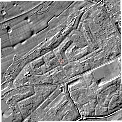 Shaded relief map of the ground around L124XF, computed from Environment Agency LiDAR. The ground here sits at about 22 m above sea level and falls 6 m across the surrounding 800 m. Surface water reaching this point runs off ground lying to the south-west, 4.3 m higher.