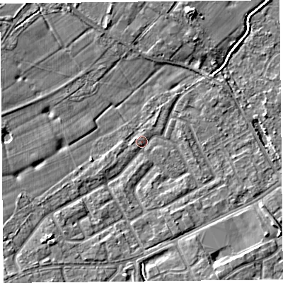 Shaded relief map of the ground around L124XR, computed from Environment Agency LiDAR. The ground here sits at about 21 m above sea level and falls 6 m across the surrounding 800 m. Surface water reaching this point runs off ground lying to the south-south-east, 3.6 m higher.
