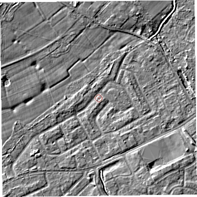 Shaded relief map of the ground around L124XT, computed from Environment Agency LiDAR. The ground here sits at about 21 m above sea level and falls 6 m across the surrounding 800 m. Surface water reaching this point runs off ground lying to the south-south-east, 3.4 m higher.