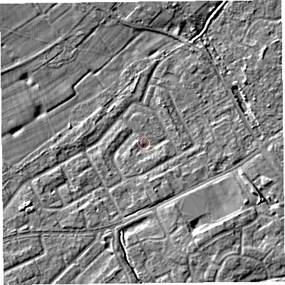 Shaded relief map of the ground around L124XU, computed from Environment Agency LiDAR. The ground here sits at about 21 m above sea level and falls 6 m across the surrounding 800 m. Surface water reaching this point runs off ground lying to the south-south-east, 2.0 m higher.