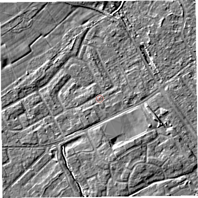Shaded relief map of the ground around L124XZ, computed from Environment Agency LiDAR. The ground here sits at about 22 m above sea level and falls 6 m across the surrounding 800 m. Surface water reaching this point runs off ground lying to the south-west, 1.5 m higher.