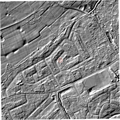 Shaded relief map of the ground around L124YA, computed from Environment Agency LiDAR. The ground here sits at about 21 m above sea level and falls 6 m across the surrounding 800 m. Surface water reaching this point runs off ground lying to the south-east, 1.7 m higher.