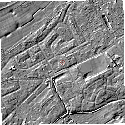Shaded relief map of the ground around L124YB, computed from Environment Agency LiDAR. The ground here sits at about 22 m above sea level and falls 5 m across the surrounding 800 m. Surface water reaching this point runs off ground lying to the east-north-east, 1.1 m higher.