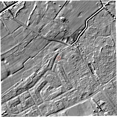 Shaded relief map of the ground around L124YD, computed from Environment Agency LiDAR. The ground here sits at about 21 m above sea level and falls 7 m across the surrounding 800 m. Surface water reaching this point runs off ground lying to the south-west, 3.5 m higher.