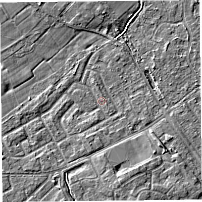 Shaded relief map of the ground around L124YJ, computed from Environment Agency LiDAR. The ground here sits at about 22 m above sea level and falls 6 m across the surrounding 800 m. Surface water reaching this point runs off ground lying to the east-north-east, 1.0 m higher.