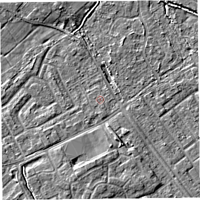 Shaded relief map of the ground around L124YP, computed from Environment Agency LiDAR. The ground here sits at about 22 m above sea level and falls 6 m across the surrounding 800 m. Surface water reaching this point runs off ground lying to the south-south-east, 0.6 m higher.