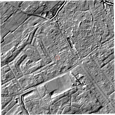 Shaded relief map of the ground around L124YR, computed from Environment Agency LiDAR. The ground here sits at about 21 m above sea level and falls 6 m across the surrounding 800 m. Surface water reaching this point runs off ground lying to the south-south-west, 1.4 m higher.