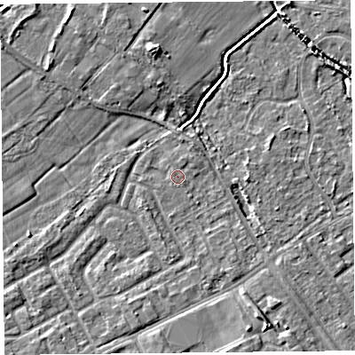 Shaded relief map of the ground around L124YS, computed from Environment Agency LiDAR. The ground here sits at about 21 m above sea level and falls 7 m across the surrounding 800 m. Surface water reaching this point runs off ground lying to the north-east, 0.7 m higher.