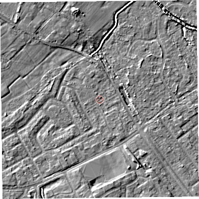 Shaded relief map of the ground around L124YT, computed from Environment Agency LiDAR. The ground here sits at about 21 m above sea level and falls 7 m across the surrounding 800 m. Surface water reaching this point runs off ground lying to the south-south-east, 1.2 m higher.