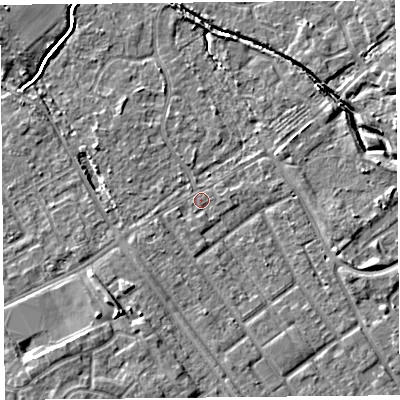 Shaded relief map of the ground around L126QP, computed from Environment Agency LiDAR. The ground here sits at about 21 m above sea level and falls 7 m across the surrounding 800 m. Surface water reaching this point runs off ground lying to the south-south-west, 0.9 m higher.