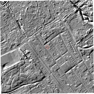 Shaded relief map of the ground around L126QS, computed from Environment Agency LiDAR. The ground here sits at about 22 m above sea level and falls 7 m across the surrounding 800 m. Surface water reaching this point runs off ground lying to the west-south-west, 3.4 m higher.