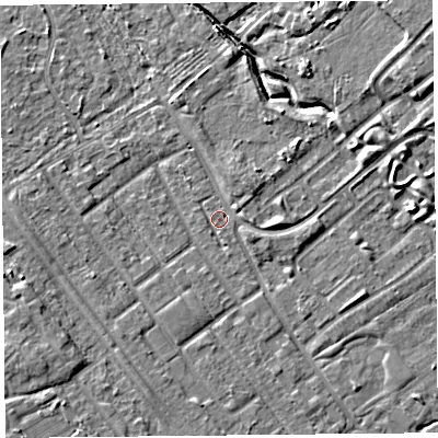 Shaded relief map of the ground around L126RA, computed from Environment Agency LiDAR. The ground here sits at about 21 m above sea level and falls 8 m across the surrounding 800 m. Surface water reaching this point runs off ground lying to the south-east, 2.2 m higher.