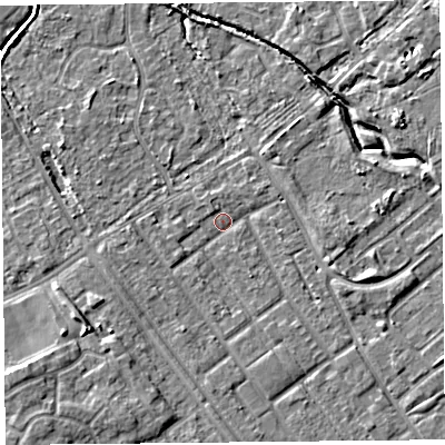 Shaded relief map of the ground around L126RB, computed from Environment Agency LiDAR. The ground here sits at about 21 m above sea level and falls 7 m across the surrounding 800 m. Surface water reaching this point runs off ground lying to the south-west, 4.0 m higher.