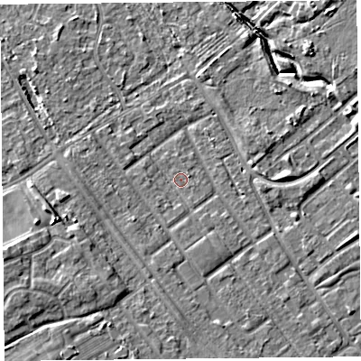 Shaded relief map of the ground around L126RD, computed from Environment Agency LiDAR. The ground here sits at about 21 m above sea level and falls 7 m across the surrounding 800 m. Surface water reaching this point runs off ground lying to the south-south-east, 1.6 m higher.