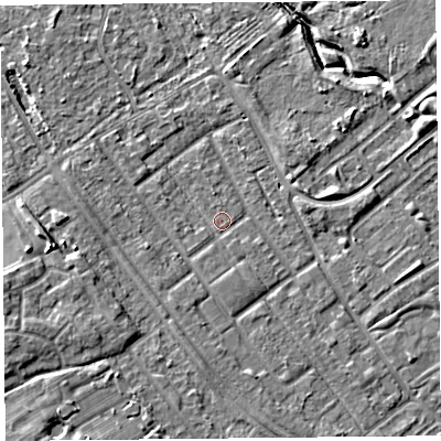 Shaded relief map of the ground around L126RE, computed from Environment Agency LiDAR. The ground here sits at about 21 m above sea level and falls 7 m across the surrounding 800 m. Surface water reaching this point runs off ground lying to the south, 1.3 m higher.