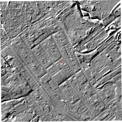Shaded relief map of the ground around L126RF, computed from Environment Agency LiDAR. The ground here sits at about 21 m above sea level and falls 6 m across the surrounding 800 m. Surface water reaching this point runs off ground lying to the south-south-east, 1.0 m higher.