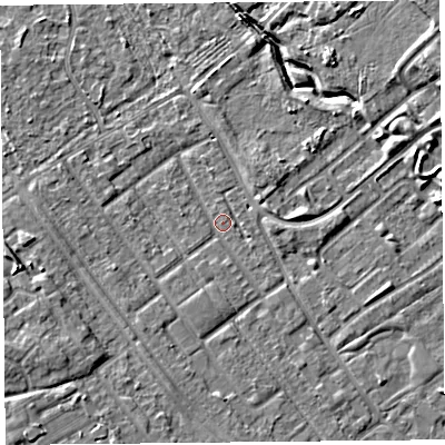 Shaded relief map of the ground around L126RG, computed from Environment Agency LiDAR. The ground here sits at about 21 m above sea level and falls 7 m across the surrounding 800 m. Surface water reaching this point runs off ground lying to the south, 2.2 m higher.