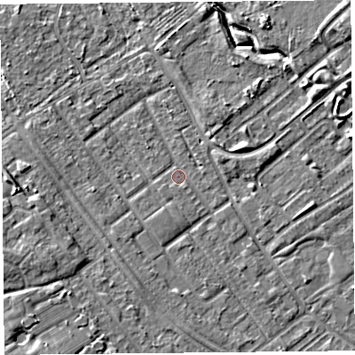 Shaded relief map of the ground around L126RQ, computed from Environment Agency LiDAR. The ground here sits at about 21 m above sea level and falls 7 m across the surrounding 800 m. Surface water reaching this point runs off ground lying to the south, 1.0 m higher.