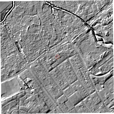 Shaded relief map of the ground around L126RS, computed from Environment Agency LiDAR. The ground here sits at about 21 m above sea level and falls 7 m across the surrounding 800 m. Surface water reaching this point runs off ground lying to the south-west, 4.0 m higher.