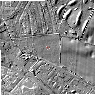 Shaded relief map of the ground around L162AA, computed from Environment Agency LiDAR. The ground here sits at about 21 m above sea level and falls 9 m across the surrounding 800 m. Surface water reaching this point runs off ground lying to the north-north-west, 1.9 m higher.
