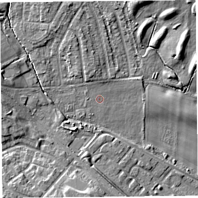 Shaded relief map of the ground around L162AE, computed from Environment Agency LiDAR. The ground here sits at about 21 m above sea level and falls 9 m across the surrounding 800 m. Surface water reaching this point runs off ground lying to the north, 1.6 m higher.
