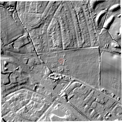 Shaded relief map of the ground around L162AF, computed from Environment Agency LiDAR. The ground here sits at about 21 m above sea level and falls 13 m across the surrounding 800 m. Surface water reaching this point runs off ground lying to the north-north-west, 3.6 m higher.
