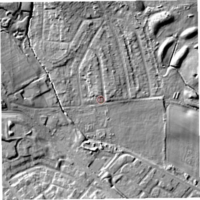 Shaded relief map of the ground around L162LA, computed from Environment Agency LiDAR. The ground here sits at about 22 m above sea level and falls 10 m across the surrounding 800 m. Surface water reaching this point runs off ground lying to the north, 2.7 m higher.