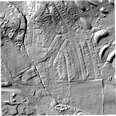 Shaded relief map of the ground around L162LG, computed from Environment Agency LiDAR. The ground here sits at about 24 m above sea level and falls 13 m across the surrounding 800 m. Surface water reaching this point runs off ground lying to the north-north-west, 1.6 m higher.