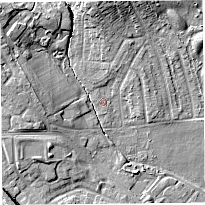Shaded relief map of the ground around L162LJ, computed from Environment Agency LiDAR. The ground here sits at about 22 m above sea level and falls 14 m across the surrounding 800 m. Surface water reaching this point runs off ground lying to the east-south-east, 0.7 m higher.