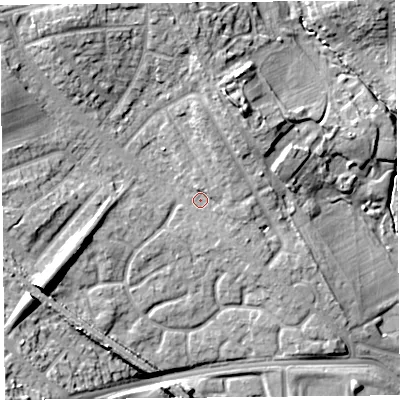 Shaded relief map of the ground around L162LL, computed from Environment Agency LiDAR. The ground here sits at about 28 m above sea level and falls 19 m across the surrounding 800 m. Surface water reaching this point runs off ground lying to the east-south-east, 1.5 m higher.