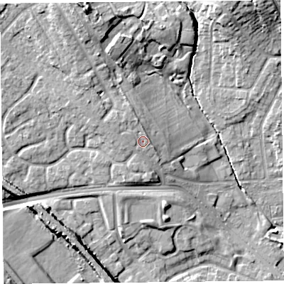 Shaded relief map of the ground around L162LN, computed from Environment Agency LiDAR. The ground here sits at about 28 m above sea level and falls 16 m across the surrounding 800 m. Surface water reaching this point runs off ground lying to the north-west, 1.3 m higher.