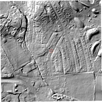 Shaded relief map of the ground around L162LQ, computed from Environment Agency LiDAR. The ground here sits at about 23 m above sea level and falls 13 m across the surrounding 800 m. Surface water reaching this point runs off ground lying to the north, 1.6 m higher.