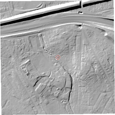 Shaded relief map of the ground around L162LZ, computed from Environment Agency LiDAR. The ground here sits at about 25 m above sea level and falls 20 m across the surrounding 800 m. Surface water reaching this point runs off ground lying to the north-west, 17.7 m higher.