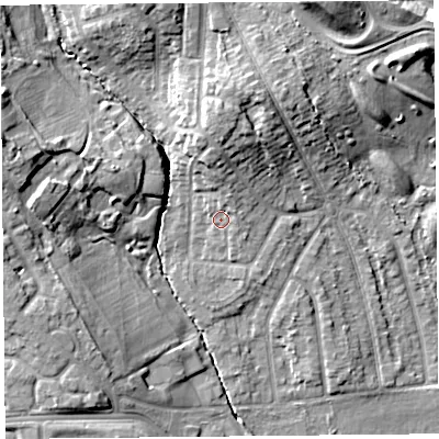 Shaded relief map of the ground around L162NL, computed from Environment Agency LiDAR. The ground here sits at about 24 m above sea level and falls 15 m across the surrounding 800 m. Surface water reaching this point runs off ground lying to the north-north-east, 2.0 m higher.