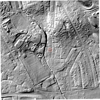 Shaded relief map of the ground around L162NN, computed from Environment Agency LiDAR. The ground here sits at about 23 m above sea level and falls 15 m across the surrounding 800 m. Surface water reaching this point runs off ground lying to the west-north-west, 12.3 m higher.