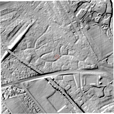 Shaded relief map of the ground around L163GD, computed from Environment Agency LiDAR. The ground here sits at about 27 m above sea level and falls 32 m across the surrounding 800 m. Surface water reaching this point runs off ground lying to the west, 10.9 m higher.