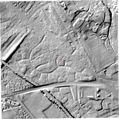Shaded relief map of the ground around L163GE, computed from Environment Agency LiDAR. The ground here sits at about 28 m above sea level and falls 27 m across the surrounding 800 m. Surface water reaching this point runs off ground lying to the north-north-east, 2.0 m higher.