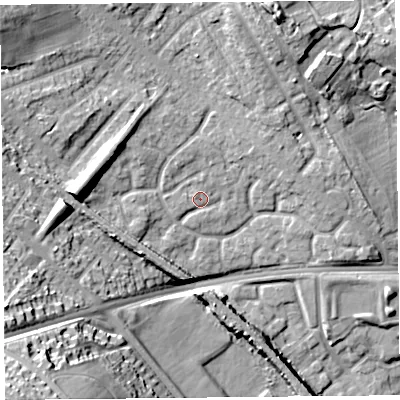 Shaded relief map of the ground around L163GF, computed from Environment Agency LiDAR. The ground here sits at about 28 m above sea level and falls 32 m across the surrounding 800 m. Surface water reaching this point runs off ground lying to the north-north-west, 1.0 m higher.
