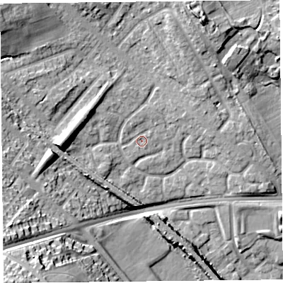 Shaded relief map of the ground around L163GG, computed from Environment Agency LiDAR. The ground here sits at about 28 m above sea level and falls 31 m across the surrounding 800 m. Surface water reaching this point runs off ground lying to the north-north-west, 1.4 m higher.