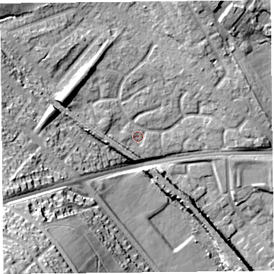 Shaded relief map of the ground around L163GH, computed from Environment Agency LiDAR. The ground here sits at about 27 m above sea level and falls 37 m across the surrounding 800 m. Surface water reaching this point runs off ground lying to the west-south-west, 5.2 m higher.