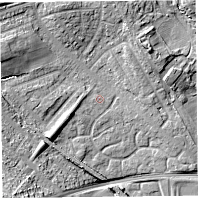 Shaded relief map of the ground around L163GN, computed from Environment Agency LiDAR. The ground here sits at about 29 m above sea level and falls 23 m across the surrounding 800 m. Surface water reaching this point runs off ground lying to the west-south-west, 3.5 m higher.