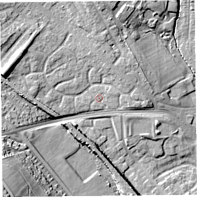 Shaded relief map of the ground around L163GP, computed from Environment Agency LiDAR. The ground here sits at about 27 m above sea level and falls 32 m across the surrounding 800 m. Surface water reaching this point runs off ground lying to the east-north-east, 1.4 m higher.