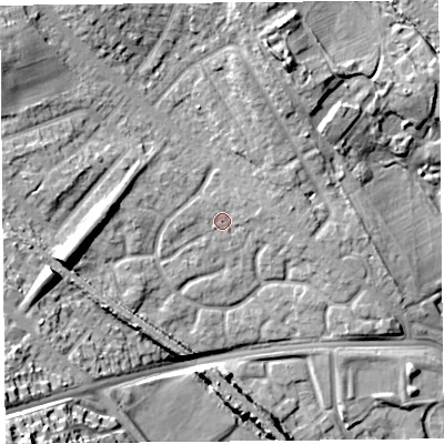 Shaded relief map of the ground around L163GQ, computed from Environment Agency LiDAR. The ground here sits at about 28 m above sea level and falls 26 m across the surrounding 800 m. Surface water reaching this point runs off ground lying to the west-south-west, 9.7 m higher.
